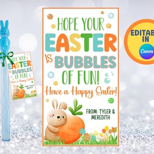 May include: Printable Easter card with a bunny holding a carrot. The card says "Hope your Easter is bubbles of fun! Have a happy Easter!" and has space to add a name. The card is decorated with Easter eggs, flowers, and green grass.