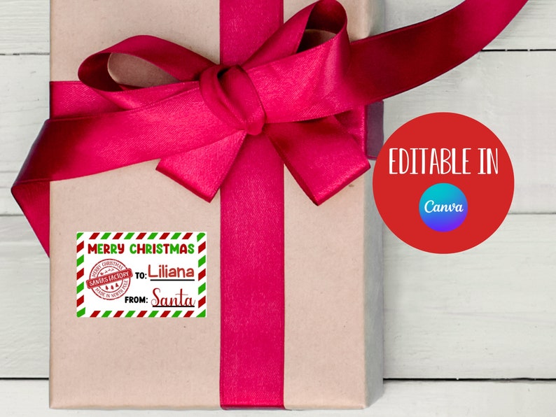 May include: A brown gift box with a red ribbon and a red and green striped gift tag that says "Merry Christmas" with a red stamp that says "Santa's Workshop" and the text "To: Liliana From: Santa". The image also includes a red circle with the text "Editable in Canva".