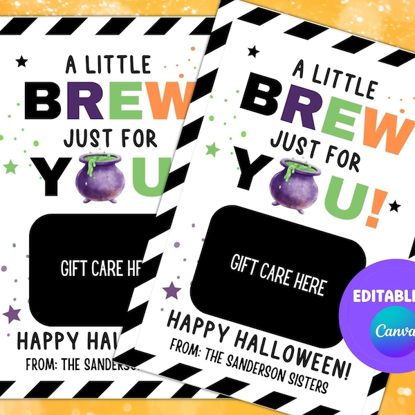 Halloween Gift Card Printable, Just A Little Brew, 5x7 Gift Card Holder, Little Brew Just For You, Coffee Gift Card, Teacher Gift Card