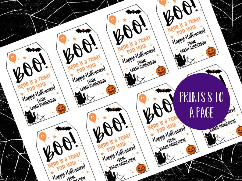 Peut inclure: Huit &eacute;tiquettes de friandises d'Halloween imprimables avec un chat noir, une citrouille orange et une chauve-souris. Les &eacute;tiquettes comportent le texte "BOO! Here is a treat for you! Happy Halloween! From: Sarah Sanderson".