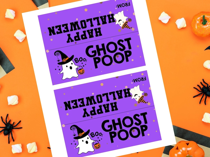 May include: Two printable purple gift tags with a ghost and the text "Happy Halloween Ghost Poop" and "From:"