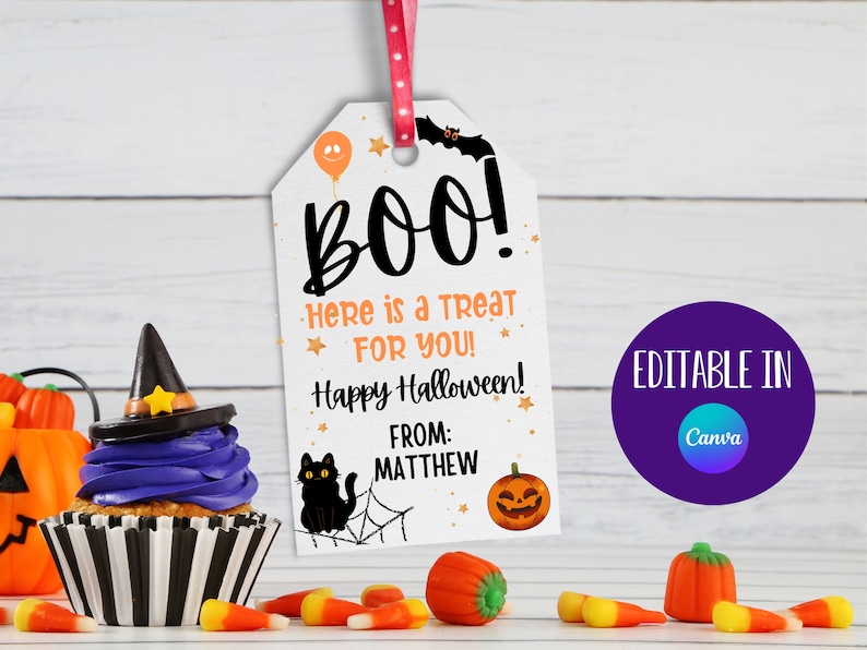 Peut inclure: Une &eacute;tiquette de friandise d'Halloween imprimable avec un chat noir, une citrouille et une chauve-souris. L'&eacute;tiquette dit "BOO! Here is a treat for you! Happy Halloween! From: MATTHEW".