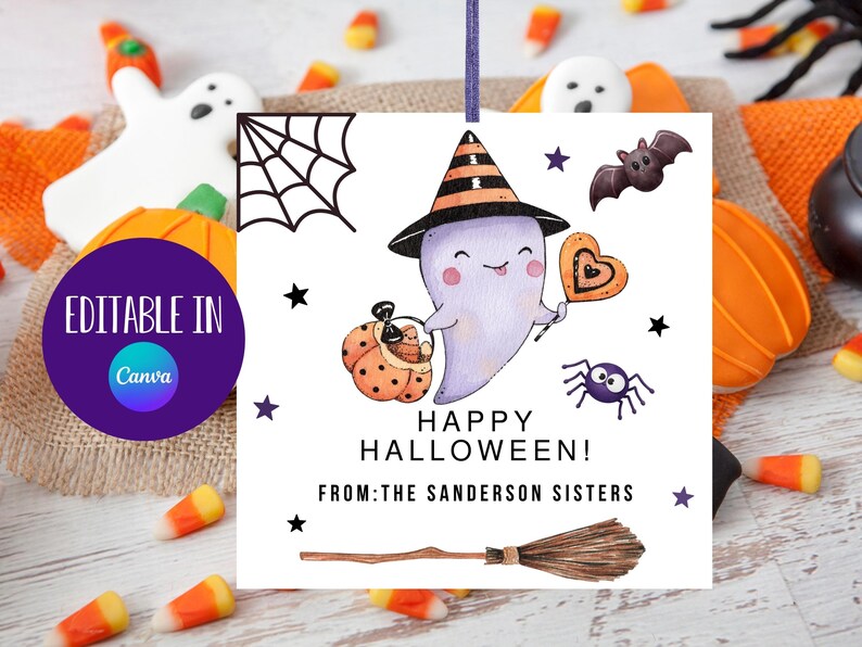 May include: Printable Halloween gift tag featuring a cute cartoon ghost wearing a witch hat and holding a heart-shaped cookie. The tag says "Happy Halloween! From: The Sanderson Sisters".