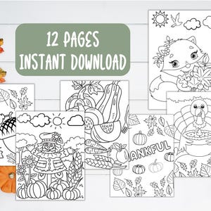 Può includere: Un set di 12 pagine da colorare stampabili con temi del Ringraziamento. Le pagine includono immagini di un tacchino, uno spaventapasseri, zucche, foglie e una volpe che tiene un mazzo di foglie. Il testo "Thankful" è incluso su una delle pagine.