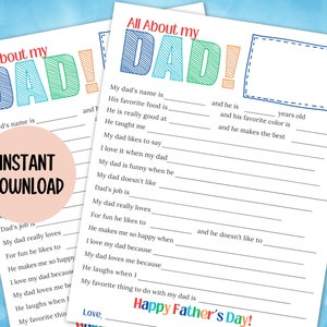 Todo sobre las preguntas de mi padre, Cuestionario de entrevista para papá y padre, Regalo para niños para el Día del Padre, Completar el espacio en blanco para el Día del Padre, Descargar