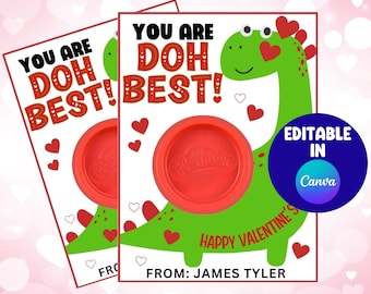 Valentine's Play Doh Holder, Printable Dinosaur Valentine Card, Play Dough Gift, Kids School Printable, Treat Bags, Classroom Favor Editable