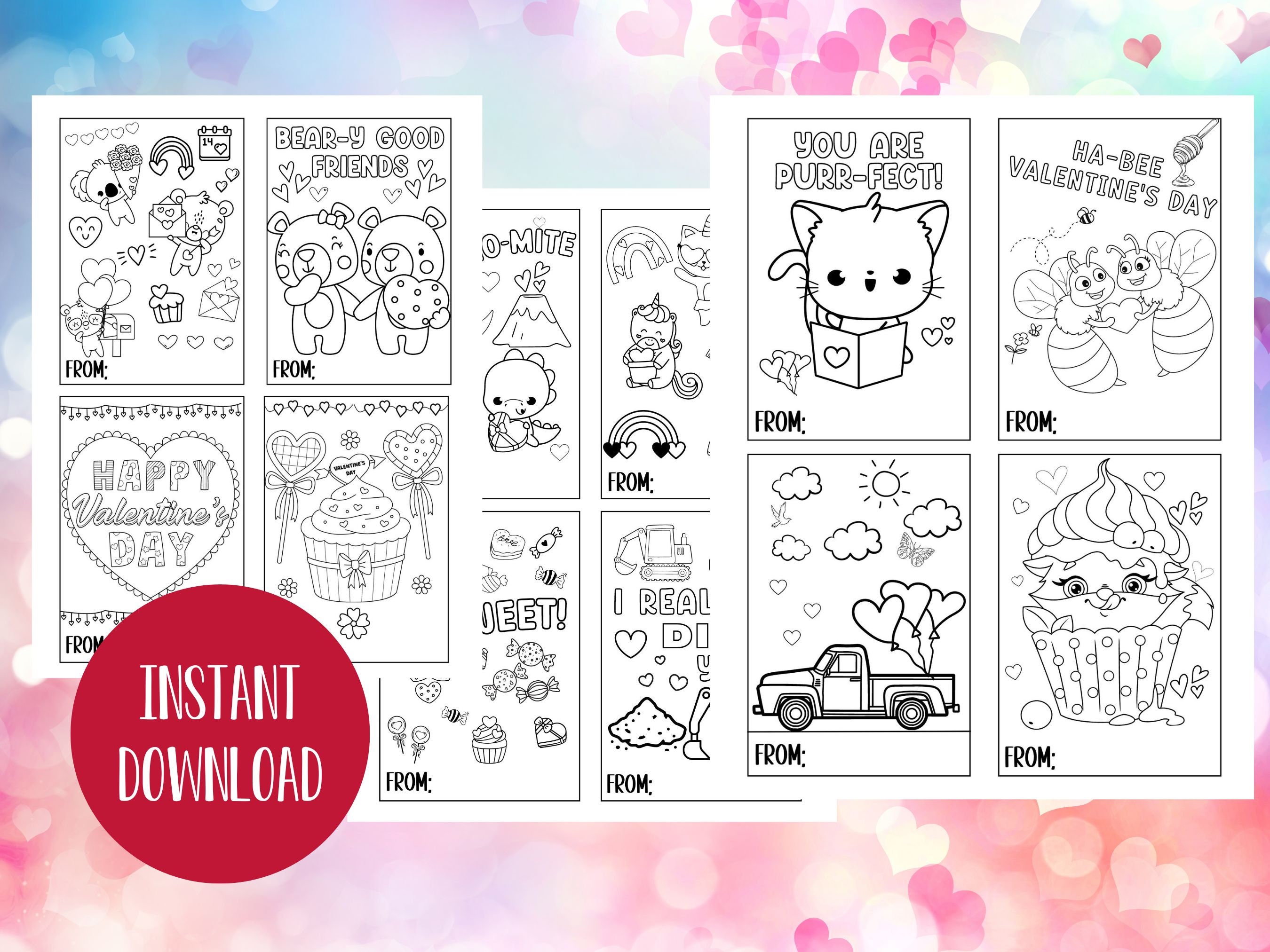 Valentine Coloring Cards Printable Valentine s Day Cards Etsy