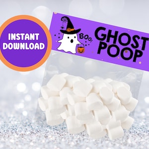 May include: A purple and white printable Halloween treat bag label with a ghost wearing a witch hat and the text "Ghost Poop! Boo!"  The bag is filled with white marshmallows.