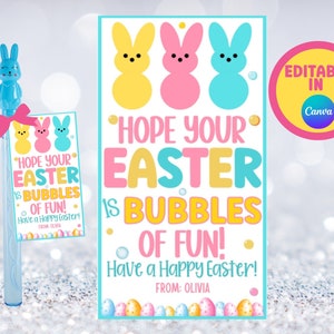 May include: Printable Easter tag with three pastel colored bunny illustrations. The tag says "Hope your Easter is bubbles of fun! Have a Happy Easter! From: Olivia". The tag is editable in Canva.