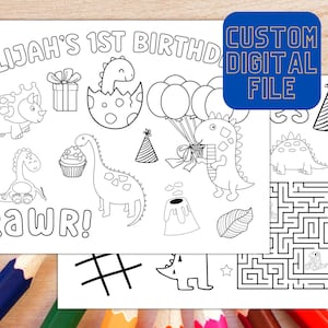 Dinosaur Coloring Page, Birthday Coloring Activity, Dinosaur Placemat for Digital Download, Dinosaur Birthday Favors, Kids Party