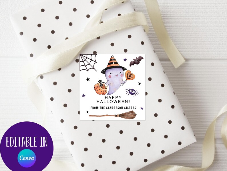 May include: A white gift tag with black polka dots featuring a cartoon ghost wearing a witch hat and holding a candy bucket. The text reads "Happy Halloween! From: The Sanderson Sisters".