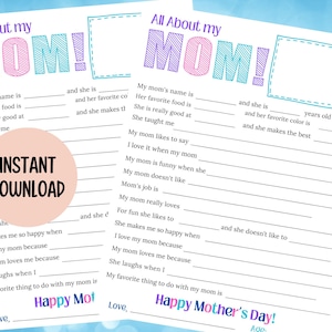 Alles über meine Mutter Fragen, Fragebogen für Mutter-Mütter-Interviews, Kinder Geschenk zum Muttertag, Füllen Sie die Lücke für Muttertag aus, Download