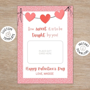 Afdrukbare leraar Valentijnsdag cadeaukaarthouder | Sjabloon voor Valentijnsdag cadeaukaarthouder | Leraar cadeau | Gepersonaliseerde leraar cadeau