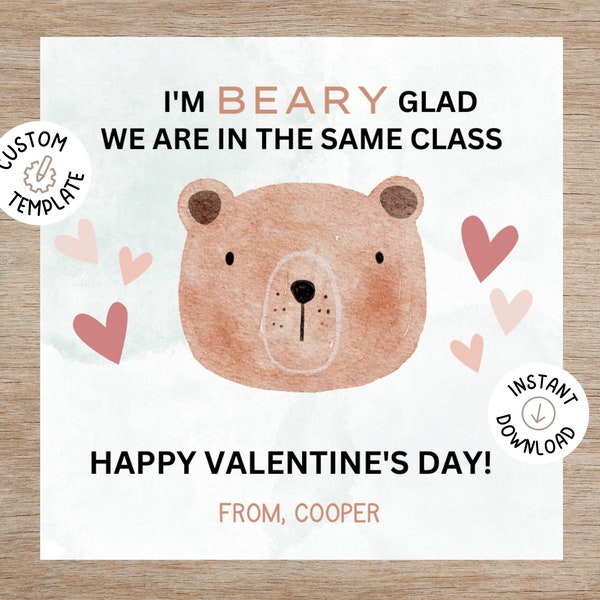 Printable Valentines Day Cards | Kids Valentines Day | Valentines Day Tags | Valentine Treat Tags | Bear Valentine | Valentines Day