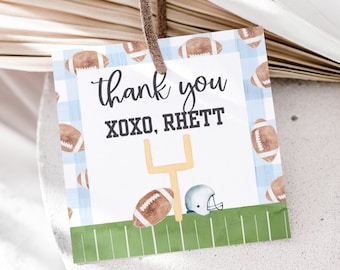 Blue Gingham Football First Birthday Favor Tags | First Year Down | Instant Download | Editable Template | A110
