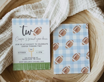 Blue Gingham Second Year Down Football Invitation | 2nd Birthday Boy | Football Party | Football Birthday | Boy Second Birthday | A110