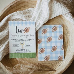 Blue Gingham Second Year Down Football Invitation | 2nd Birthday Boy | Football Party | Football Birthday | Boy Second Birthday | A110