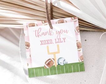 Pink Gingham Football First Birthday Favor Tags | First Year Down | Instant Download | Editable Template