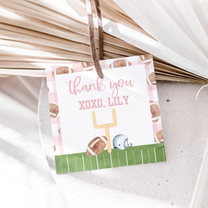 Pink Gingham Football First Birthday Favor Tags | First Year Down | Instant Download | Editable Template