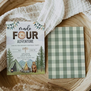 May include: A green and white gingham patterned card with a woodland themed invitation for a birthday party. The invitation reads "made FOUR adventure" and includes details for a party at Camp Hudson on 11th May at 2:00 PM. RSVP by 1st May.