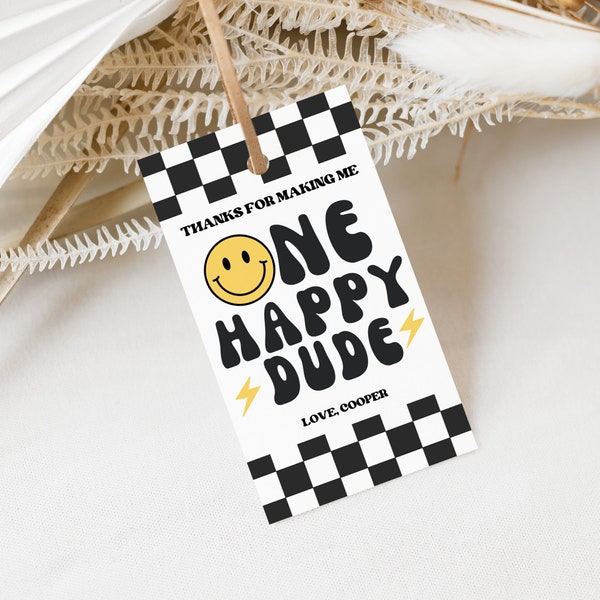 One Happy Dude Birthday Party Favor Tag, Printable Party Favor Tag, Smiley Face Birthday, Instant Download, A131