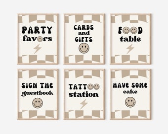 May include: Six brown and white checkered signs with black text and smiley faces. The signs read "Party favors", "Cards and Gifts", "Food table", "Sign the guestbook", "Tattoo station", and "Have some cake".