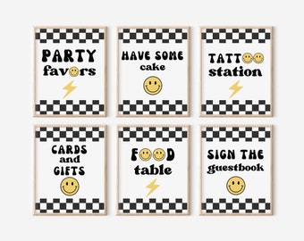May include: Six black and white checkered signs with yellow smiley faces and text. The signs read "Party Favors", "Have Some Cake", "Tattoo Station", "Cards and Gifts", "Food Table", and "Sign the Guestbook".