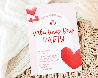May include: A pink and white Valentine's Day party invitation with red hearts and the text "PLEASE JOIN US FOR A Valentine's Day PARTY FEBRUARY 14 AT 6:00PM THE ROBERTS HOME 123 LOVE STREET RICHMOND, VA 12345 PLEASE RSVP TO KAYLA AT (123)456-7890"