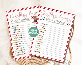 May include: Two printable Christmas game cards with red and white striped borders. The cards are titled "Christmas Movie Emoji Game" and "Christmas Songs Emoji Game". Each card has a list of 15 Christmas movies or songs with corresponding emoji clues.