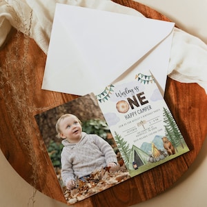 One Happy Camper First Birthday Photo Invitation Template, Instant Download, Camping Birthday, A106