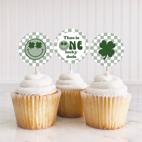 St Patricks Birthday Cupcake Toppers | Lucky One Birthday | One Lucky Dude | Shamrock Birthday | First Birthday | Editable Template | A125