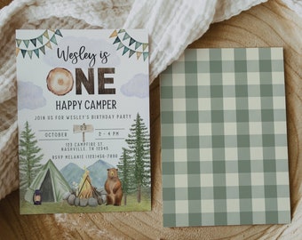 Sjabloon voor één Happy Camper eerste verjaardagsuitnodiging | Direct downloaden | Campingverjaardag | A106