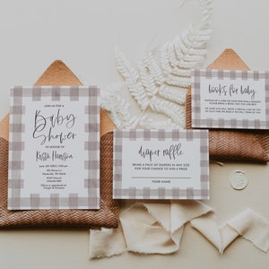 May include: A set of baby shower invitations featuring a gingham pattern. The invitations include a baby shower invitation, a diaper raffle card, and a books for baby card. The text on the invitations reads "Join us for a Baby Shower in honour of Krista Hamson", "Diaper Raffle", and "Books for Baby".
