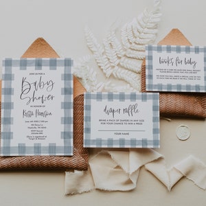Baby shower uitnodiging, Buffalo Check, grijze pastel, blauwe pastel, picknick baby shower, jongen baby shower, blauw thema douche