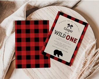 Invitación a la fiesta de cumpleaños del leñador / Wild One / Plantilla de invitación a la fiesta de cumpleaños / Buffalo Plaid / Primera invitación de cumpleaños / Camping