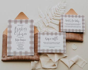 May include: A set of baby shower invitations with a gingham pattern. The invitations include a baby shower invitation, a diaper raffle card, and a books for baby card. The text on the invitations reads "Join us for a Baby Shower in honor of Krista Hamson", "Diaper Raffle", and "Books for Baby".