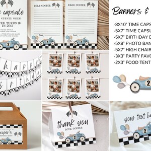 May include: A set of printable party decorations for a birthday party with a racing car theme. The set includes a time capsule sign, birthday banner, photo banner, high chair banner, party favor tag, food tent, and cards. The decorations feature a blue race car with a checkered flag pattern and balloons.