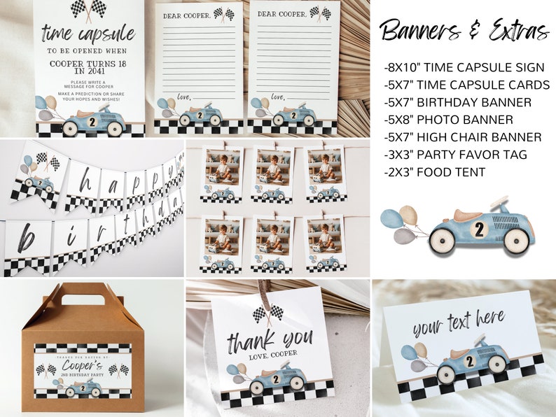 May include: A set of printable party decorations for a birthday party with a racing car theme. The set includes a time capsule sign, birthday banner, photo banner, high chair banner, party favor tag, food tent, and cards. The decorations feature a blue race car with a checkered flag pattern and balloons.