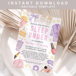 May include: A sleepover party invitation with a watercolor design. The invitation features illustrations of popcorn, cake, slippers, a robe, and makeup. The text reads "Sleep Under" and includes party details.