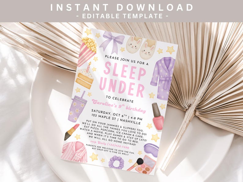 May include: A sleepover party invitation with a watercolor design. The invitation features illustrations of popcorn, cake, slippers, a robe, and makeup. The text reads "Sleep Under" and includes party details.