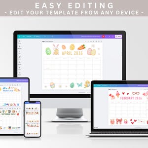 May include: A digital calendar template displayed on various devices, including a desktop computer, tablet, and smartphone. The calendar shows the months of April 2026, August 2026, September 2026, and February 2026, with decorative elements.