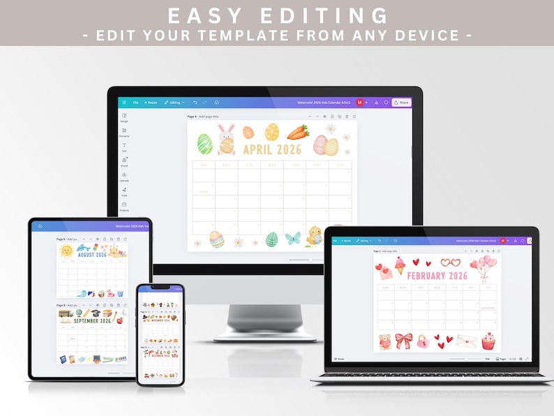 May include: A digital calendar template displayed on various devices, including a desktop computer, tablet, and smartphone. The calendar shows the months of April 2026, August 2026, September 2026, and February 2026, with decorative elements.