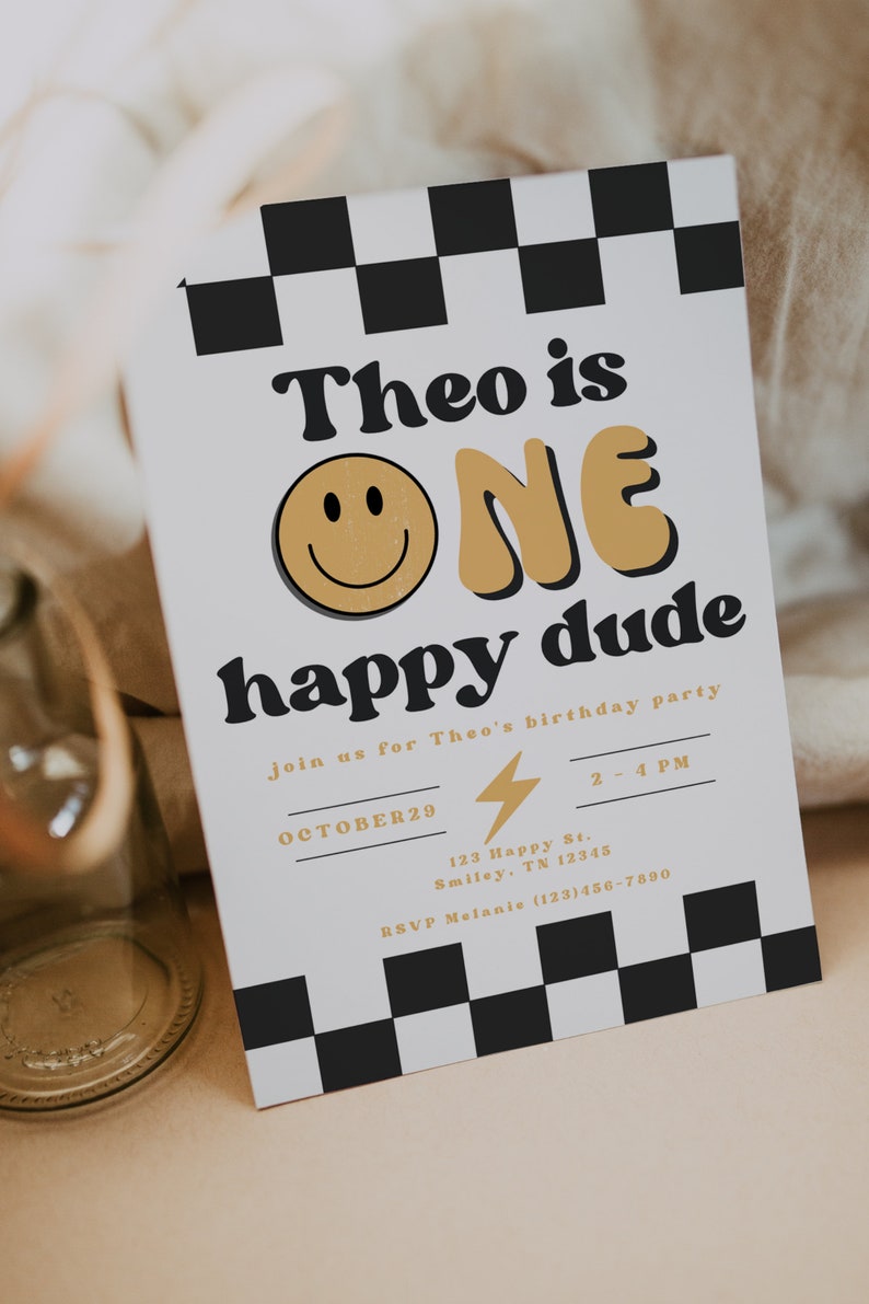 One Happy Dude 1st Birthday Invitation Boy First Birthday Happy Dude Birthday Editable Invitation Smiley Face Invite A104 image 8