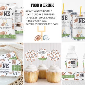 May include: Football-themed party supplies for a first birthday. The set includes a chip bag, cupcake toppers, juice labels, water bottle labels, chocolate bar wrappers, and favor bags. The design features a football, a football field, and the words "Neal's 1st year down".
