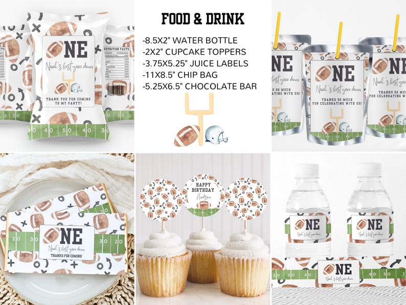 May include: Football-themed party supplies for a first birthday. The set includes a chip bag, cupcake toppers, juice labels, water bottle labels, chocolate bar wrappers, and favor bags. The design features a football, a football field, and the words "Neal's 1st year down".