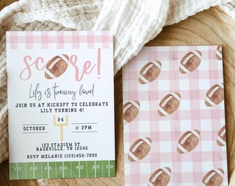 May include: Two football-themed party invitations. The main invitation has pink gingham, a football illustration, and the text "Score! Lily is turning four!" The reverse side features a pink gingham pattern with footballs.
