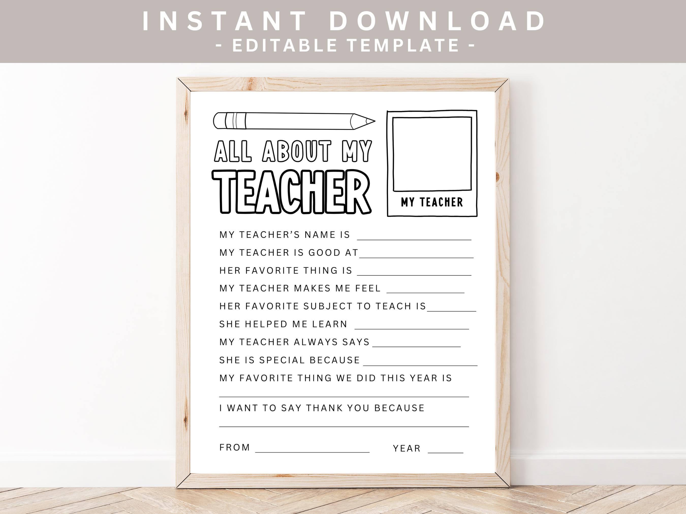 All About My Teacher Printable Coloring Page, Teacher Gift, Teacher ...