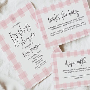 May include: Pink and white gingham patterned baby shower invitations with the text "Join us for a Baby Shower" and "Books for Baby" and "Diaper Raffle".