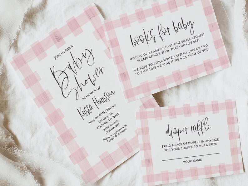 May include: Pink and white gingham patterned baby shower invitations with the text "Join us for a Baby Shower" and "Books for Baby" and "Diaper Raffle".