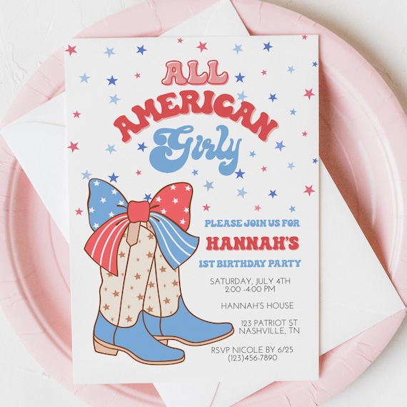 4th Of July Birthday Invitation, All American Girly, 4th Of July Invite, Patriotic Birthday, 4th Of July Party, 4th Of July Invitation, A169
